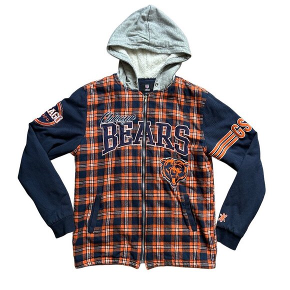 Chicago Bears NFL Sherpa Lined Flannel Hooded Jacket Size Medium - Picture 2 of 12